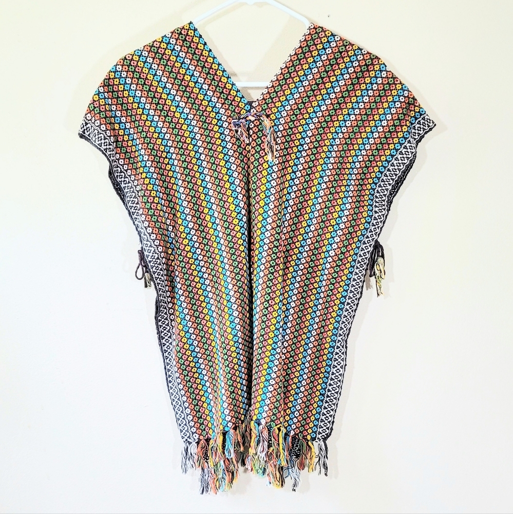 Knit poncho rainbow fringe indie boho Mexican style sleeveless sweater top